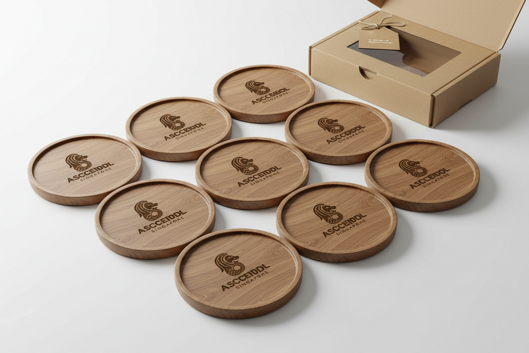wooden coaster corporate gift Singapore logo engraving