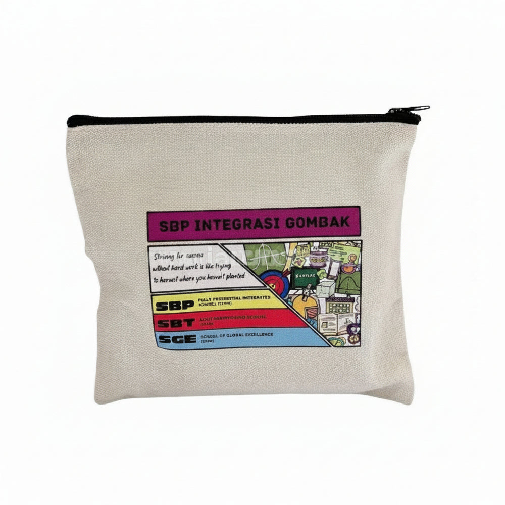 A beige canvas zipper pouch with a colorful graphic print integrasi gomba, including text and images, on the front.